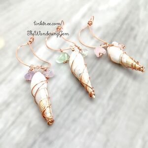 Upcycled Hammered Copper Crescent Moon Beaded Gemstone Shell Pendants 3 PC 3.5"